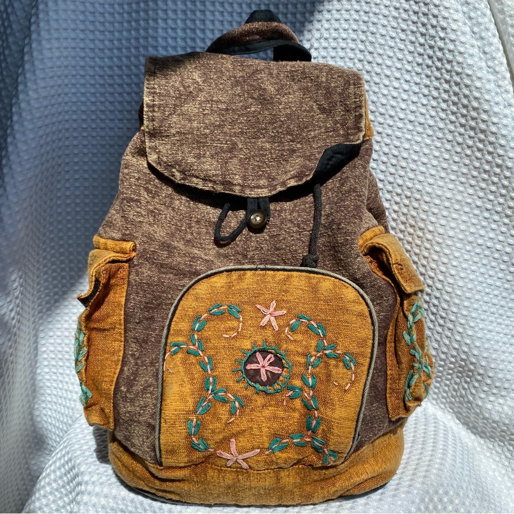 Bohemian Embroidered Backpack in Brown and Tan 100% cotton